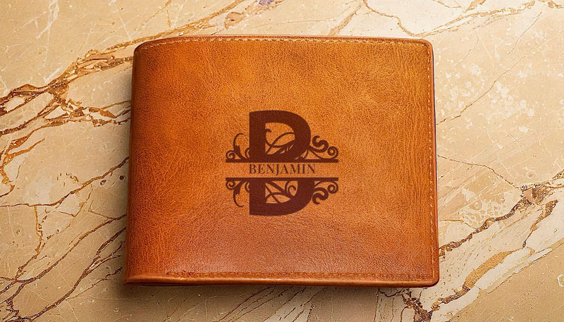 Slim vegan leather wallet engraved with the name Benjamin in elegant serif font (Tan)