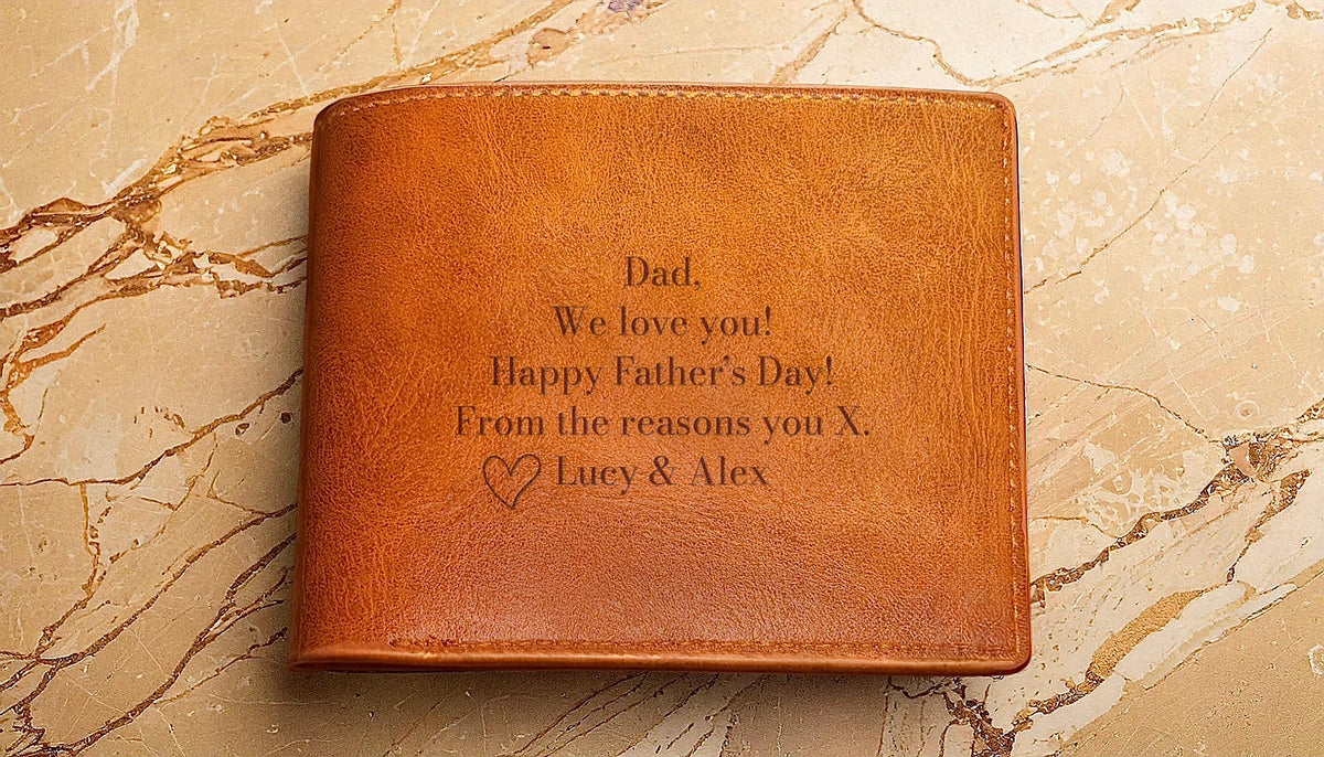 Personalised vegan leather dad wallet engraved with Father's Day message and children's names on Tan background (Tan)